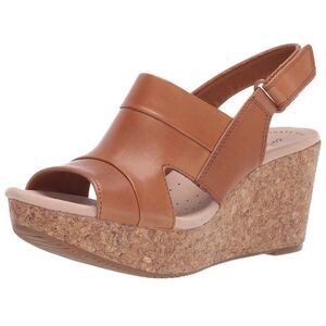 Clarks Annadel Ivory Tan Leather Cork Wedge Platform Sandals Heels  Size 7.5